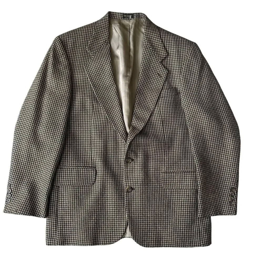 Oscar De La Renta Brown Houndstooth Plaid Blazer Sport Coat  2 Button 42 42R